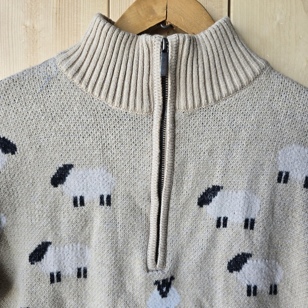 Ricki's Sheep Lamb Print 1/4 Zip Long Sleeve Pullover Tan Sweater Medium - Picture 4 of 12